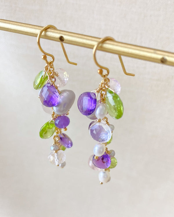 Amethyst Peridot and Pearl Cluster Earrings - Marshcreekjewelry