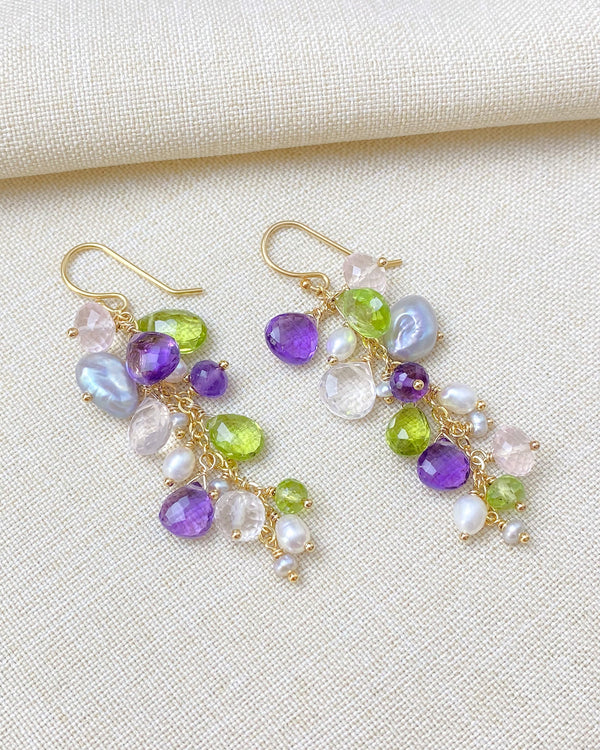 Amethyst Peridot and Pearl Cluster Earrings - Marshcreekjewelry