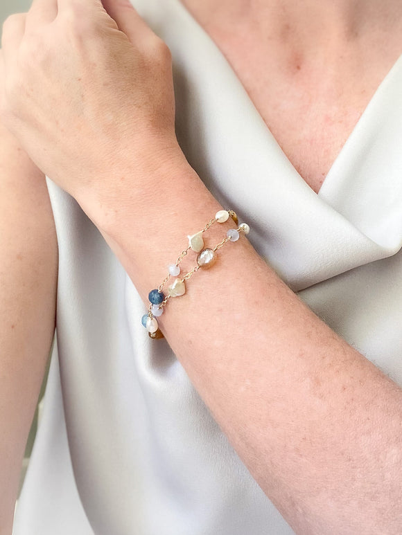 Gold Layered Blue Gemstone and Pearl Bracelet - Marshcreekjewelry