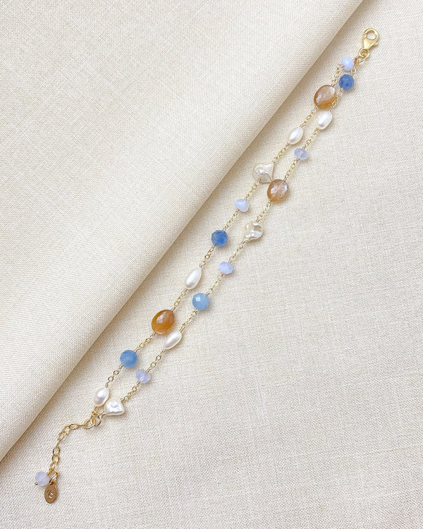 Gold Layered Blue Gemstone and Pearl Bracelet - Marshcreekjewelry