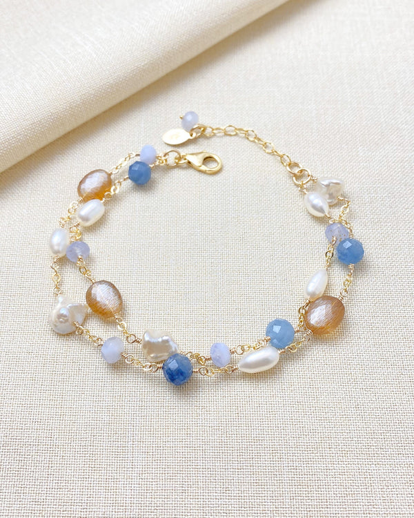 Gold Layered Blue Gemstone and Pearl Bracelet - Marshcreekjewelry