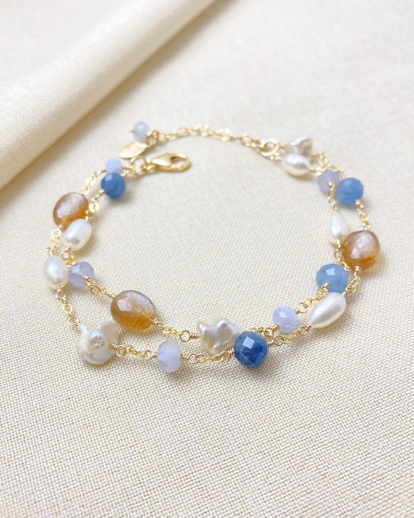 Gold Layered Blue Gemstone and Pearl Bracelet - Marshcreekjewelry