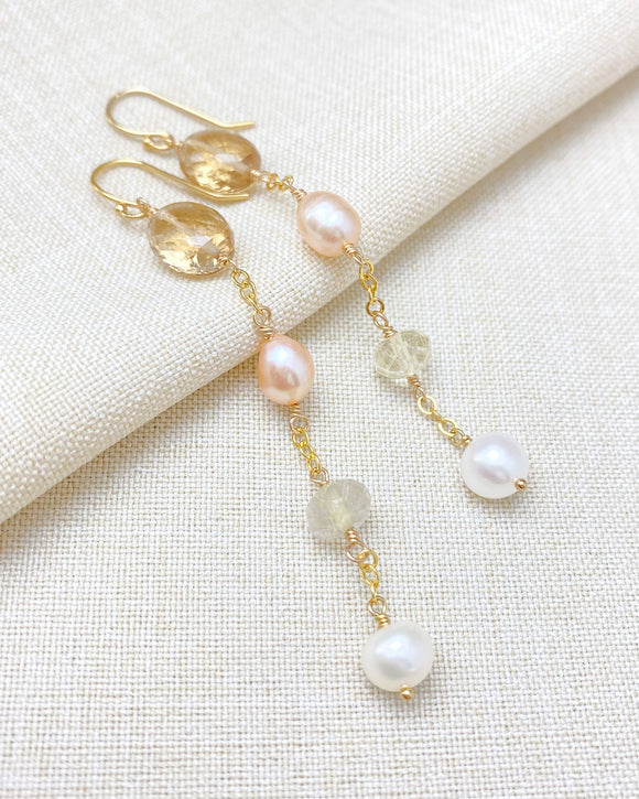 Golden Gemstone and Pink Pearl Earrings - Marshcreekjewelry
