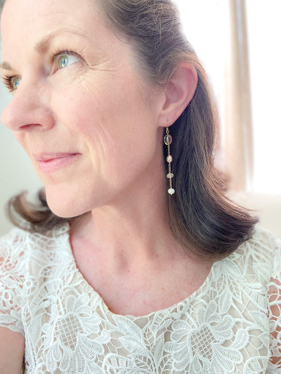 Golden Gemstone and Pink Pearl Earrings - Marshcreekjewelry