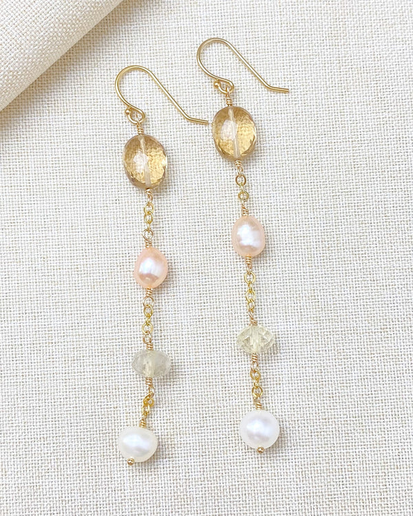 Golden Gemstone and Pink Pearl Earrings - Marshcreekjewelry