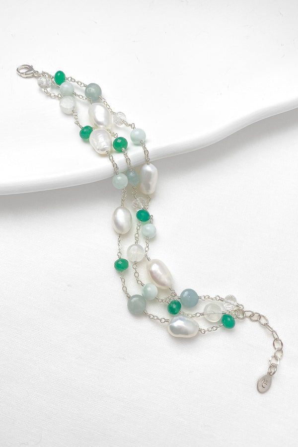 Layered Pearl and Green Gemstone Bracelet - Marshcreekjewelry