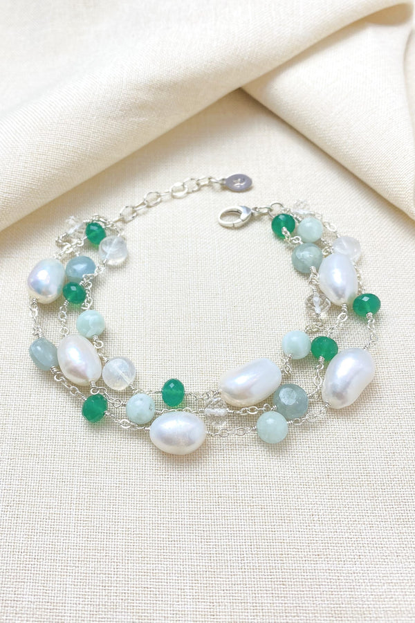 Layered Pearl and Green Gemstone Bracelet - Marshcreekjewelry