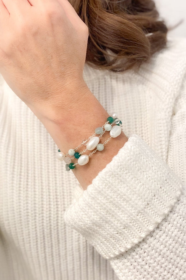 Layered Pearl and Green Gemstone Bracelet - Marshcreekjewelry