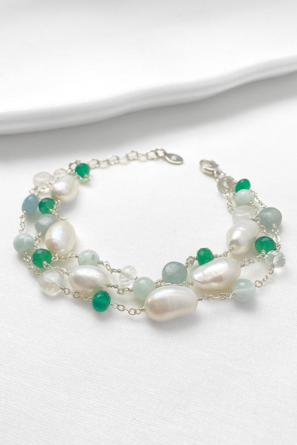 Layered Pearl and Green Gemstone Bracelet - Marshcreekjewelry