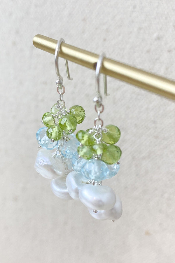 Pearl Drop Earrings with Blue Topaz and Peridot - Marshcreekjewelry