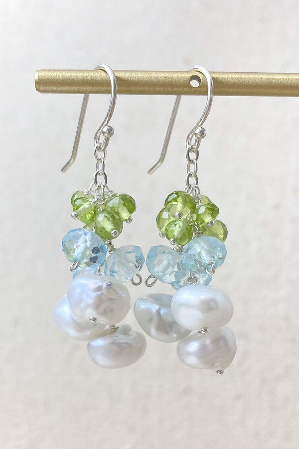 Pearl Drop Earrings with Blue Topaz and Peridot - Marshcreekjewelry