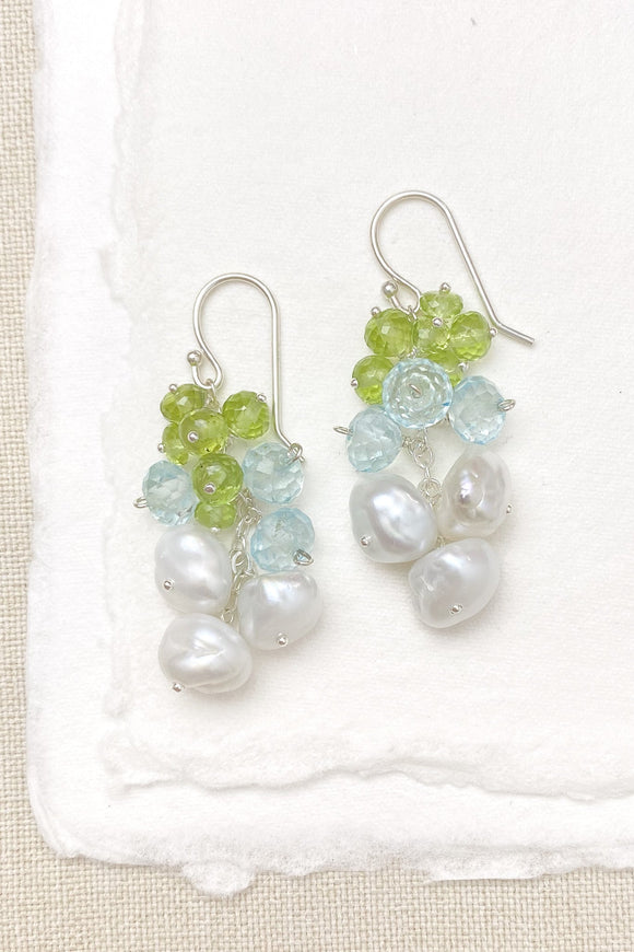 Pearl Drop Earrings with Blue Topaz and Peridot - Marshcreekjewelry