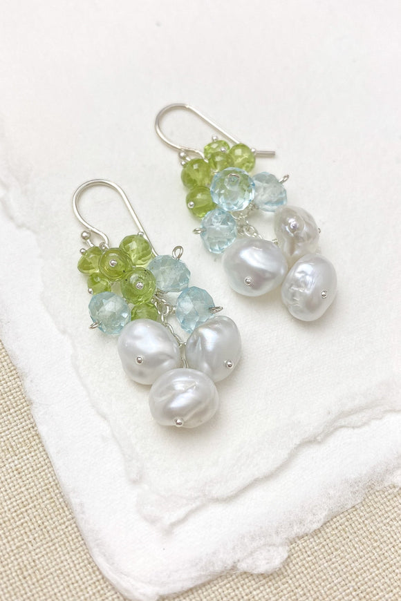 Pearl Drop Earrings with Blue Topaz and Peridot - Marshcreekjewelry