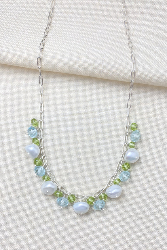 Pearl Necklace with Blue Topaz and Peridot - Marshcreekjewelry