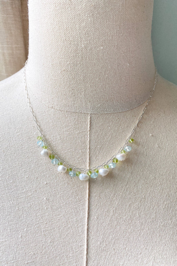 Pearl Necklace with Blue Topaz and Peridot - Marshcreekjewelry