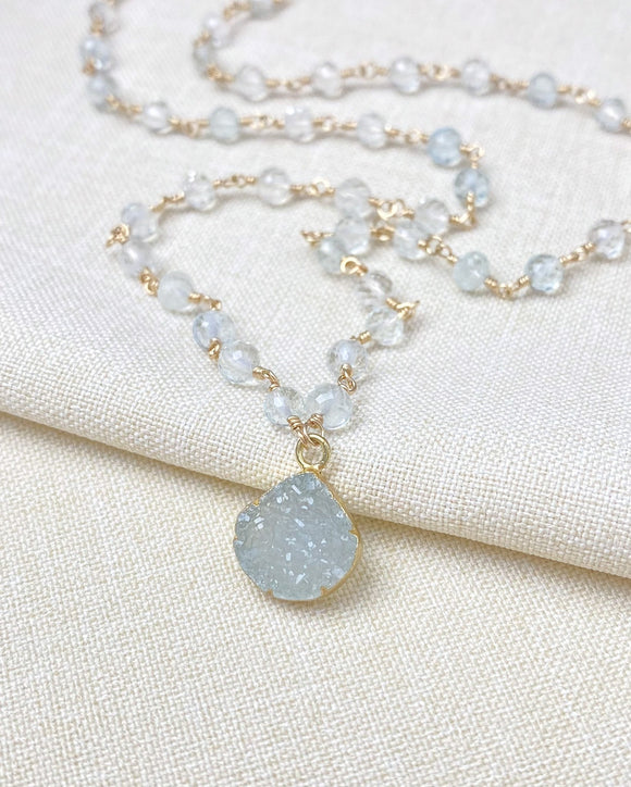 Aqua Druzy and Aquamarine Gemstone Necklace - Marshcreekjewelry