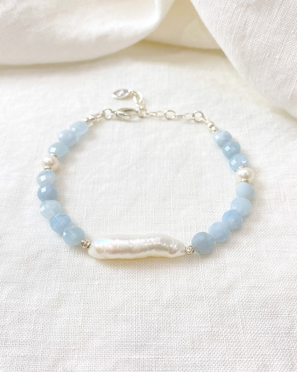 Blue Aquamarine and Stick Pearl Bracelet - Marshcreekjewelry