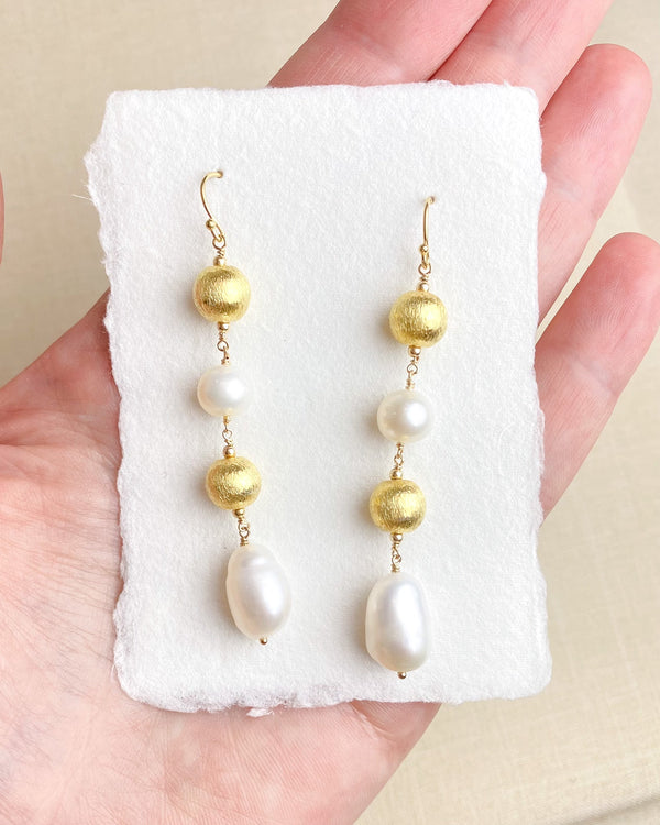 Festive Pearl and Gold Bead Drop Earrings - Marshcreekjewelry