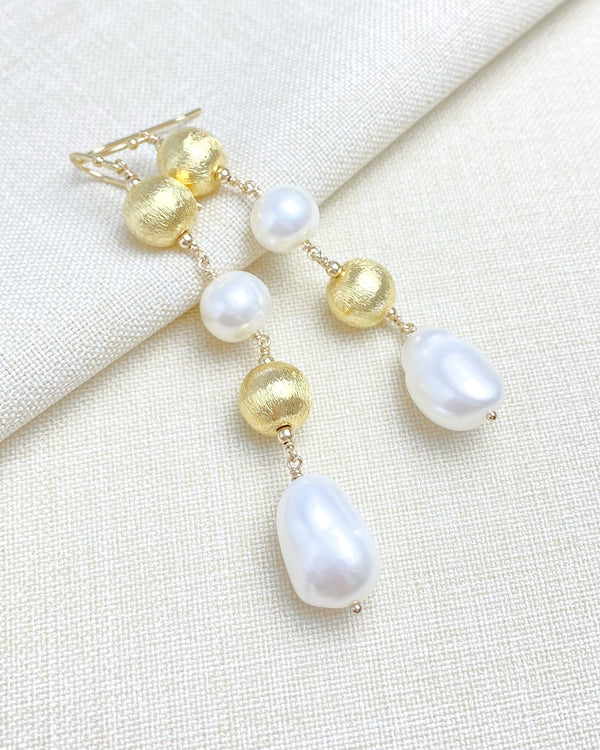 Festive Pearl and Gold Bead Drop Earrings - Marshcreekjewelry