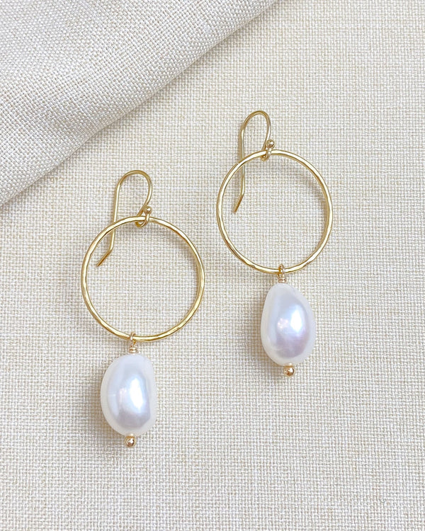 Gold Circle and Pearl Drop Earrings - Marshcreekjewelry