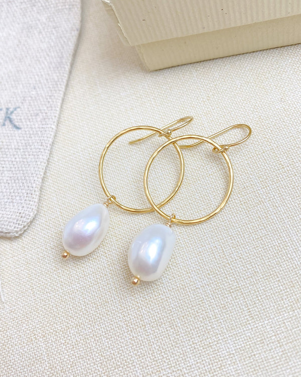 Gold Circle and Pearl Drop Earrings - Marshcreekjewelry