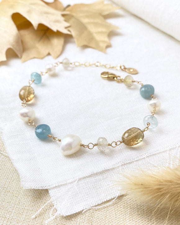 Gold Mixed Gemstone and Pearl Beaded Bracelet - Marshcreekjewelry