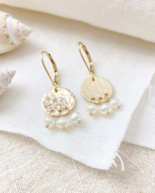 Sunbury Gold Hammered Disc and Pearl Earrings - Marshcreekjewelry