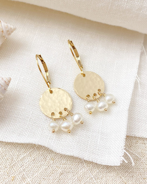 Sunbury Gold Hammered Disc and Pearl Earrings - Marshcreekjewelry